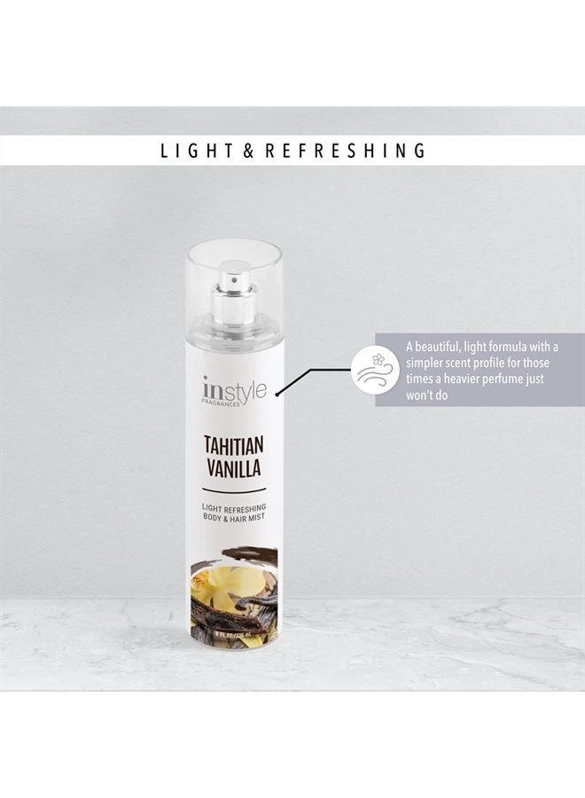 Body & Hair Mist | Tahitian Vanilla Scent | With Panthenol | CLEAN, Vegan, Paraben Free, Phthalate Free | Premium 8 Fl Oz Spray Bottle