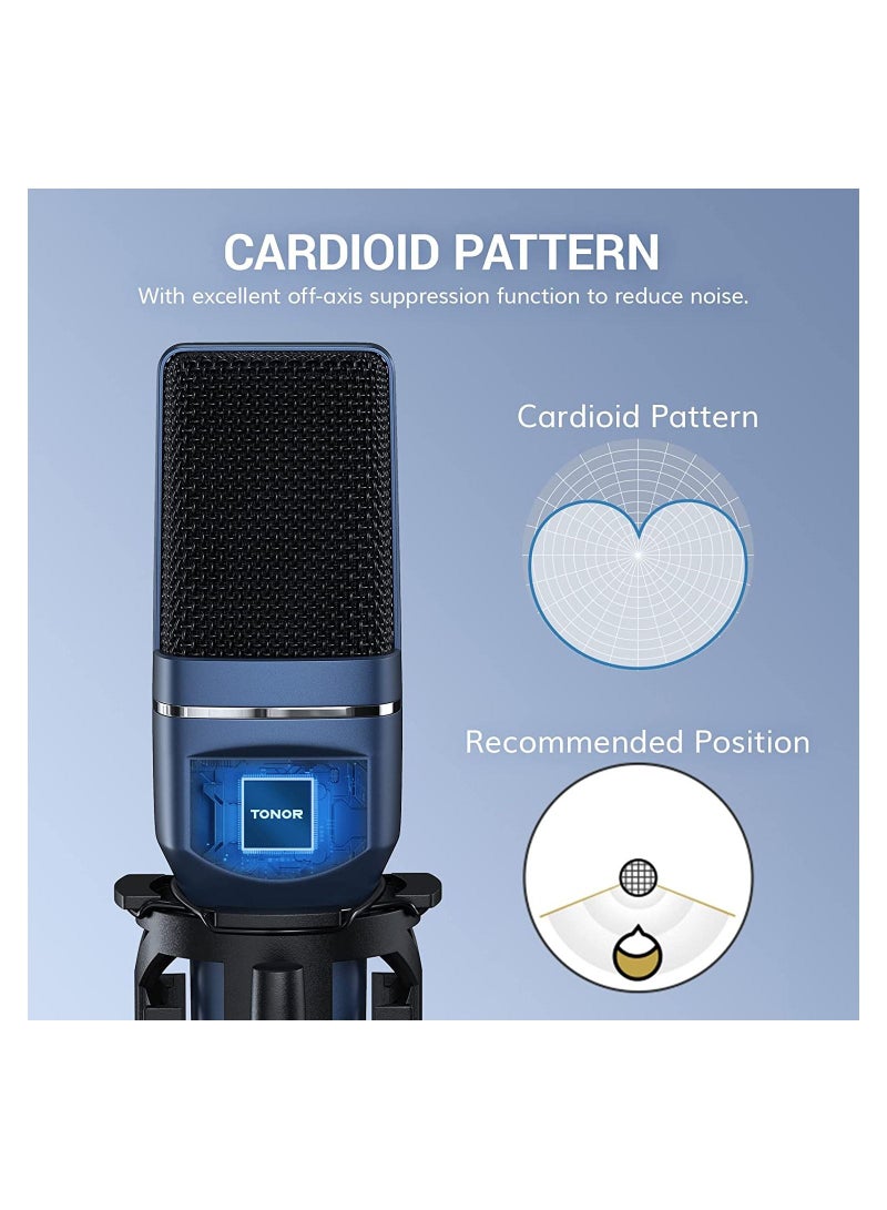 Podcast Microphone, USB Computer Microphone, Cardioid Condenser PC Mic with Tripod Stand and Pop Filter for Podcasting, Streaming, Vocal Recording, Compatible with PC & Laptop, PS4/5