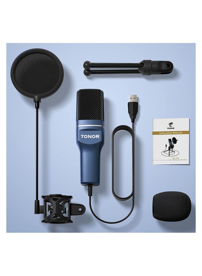 Podcast Microphone, USB Computer Microphone, Cardioid Condenser PC Mic with Tripod Stand and Pop Filter for Podcasting, Streaming, Vocal Recording, Compatible with PC & Laptop, PS4/5