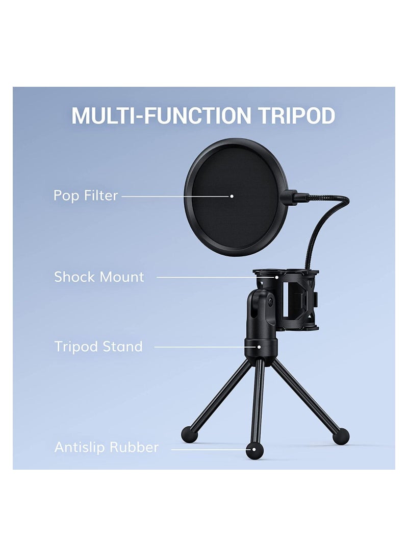 Podcast Microphone, USB Computer Microphone, Cardioid Condenser PC Mic with Tripod Stand and Pop Filter for Podcasting, Streaming, Vocal Recording, Compatible with PC & Laptop, PS4/5