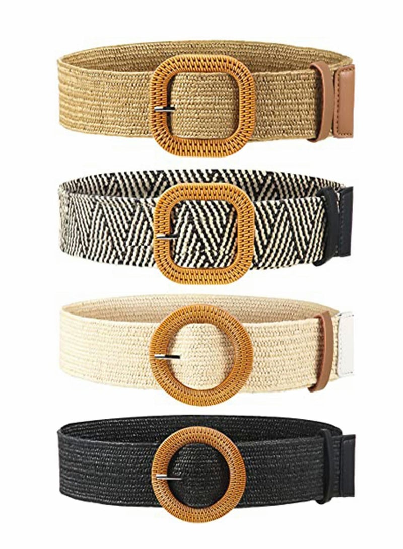 4 Pcs Women Waist Belt, Straw Woven Elastic Stretch Waist Belt