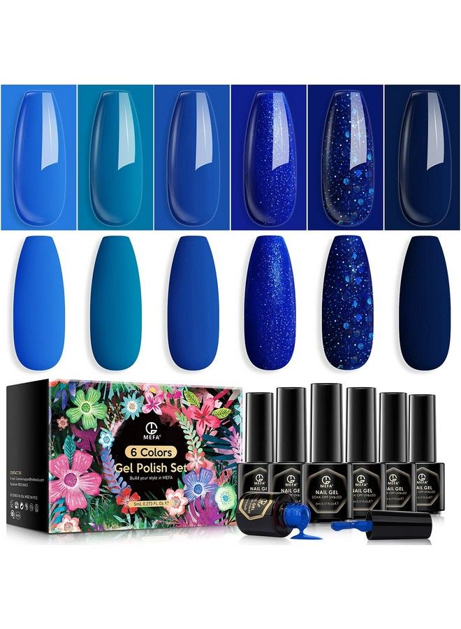 Blue Gel Nail Polish Set Midnight Navy Sapphire Azure Glitter Dark Shades 6 Colors Starter Kit Soak Off Long Lasting Nail Art Design Diy Salon Manicure Holiday Gift For Women Girls 5Ml