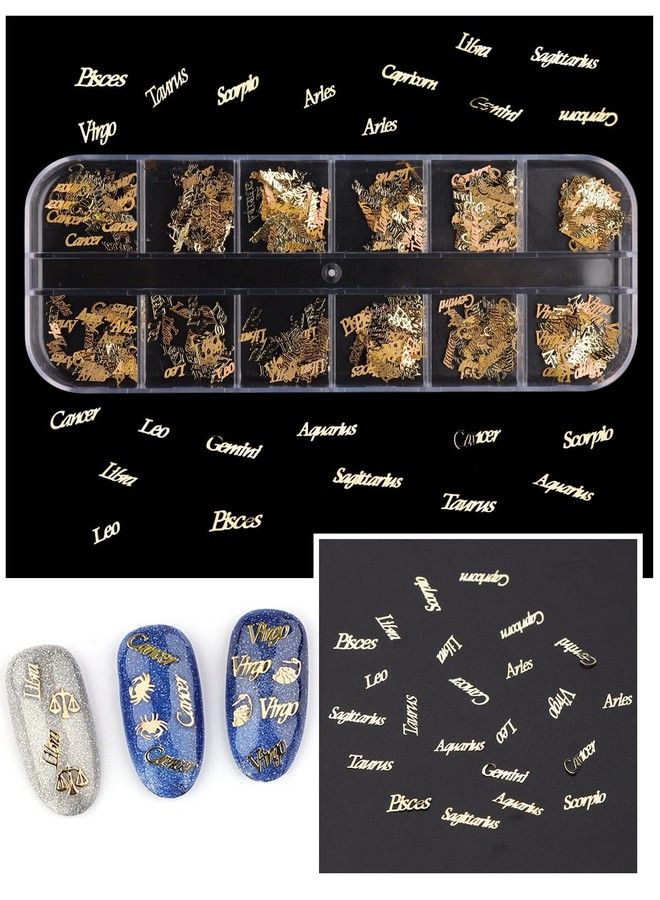 2 Boxes Zodiac Nail Charm 3D Gold Twelve Constellation Charms For Nail Art Alloy Nail Sequins For Nail Art Decoration