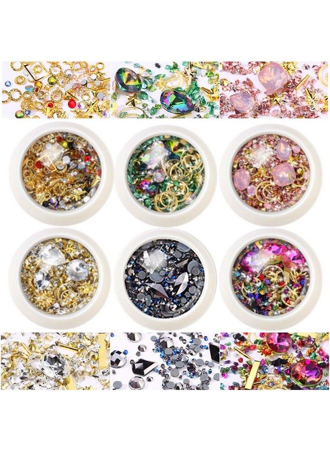 6 Wheels Mixed Sparkle Nail Art Rhinestones Diamonds Crystals Beads Artificial Pearls And Gold Silver Nail Studs Gems Metal Rivets Charms Hollow Moon Star Shaped (Micro Mini Stones Kit)