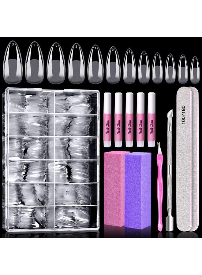 Almond Nail Tips Full Cover Morgles 600Pcs Preetched Full Cover Clear Almond Shaped Acrylic Nail Tips With Glues Nail Files For Nail Salon Home 12 Sizes