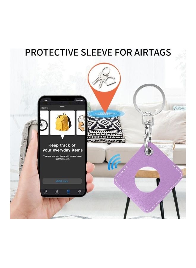 Square PU Leather Case Shockproof Anti-Scratch Protective Cover with Keychain Ring Loop for Apple AirTag Purple