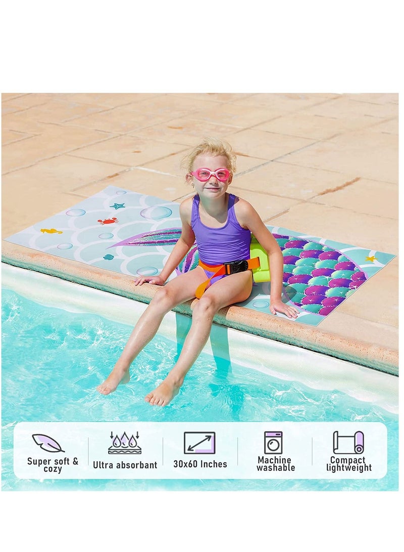Kids Microfiber Beach Towel Large 150x70CM , Cute Mermaid Lightweight Sand Free Fast Quick Dry Travel Pool Blanket, Pefect for Children Gym Camping Yoga Outdoor Picnic