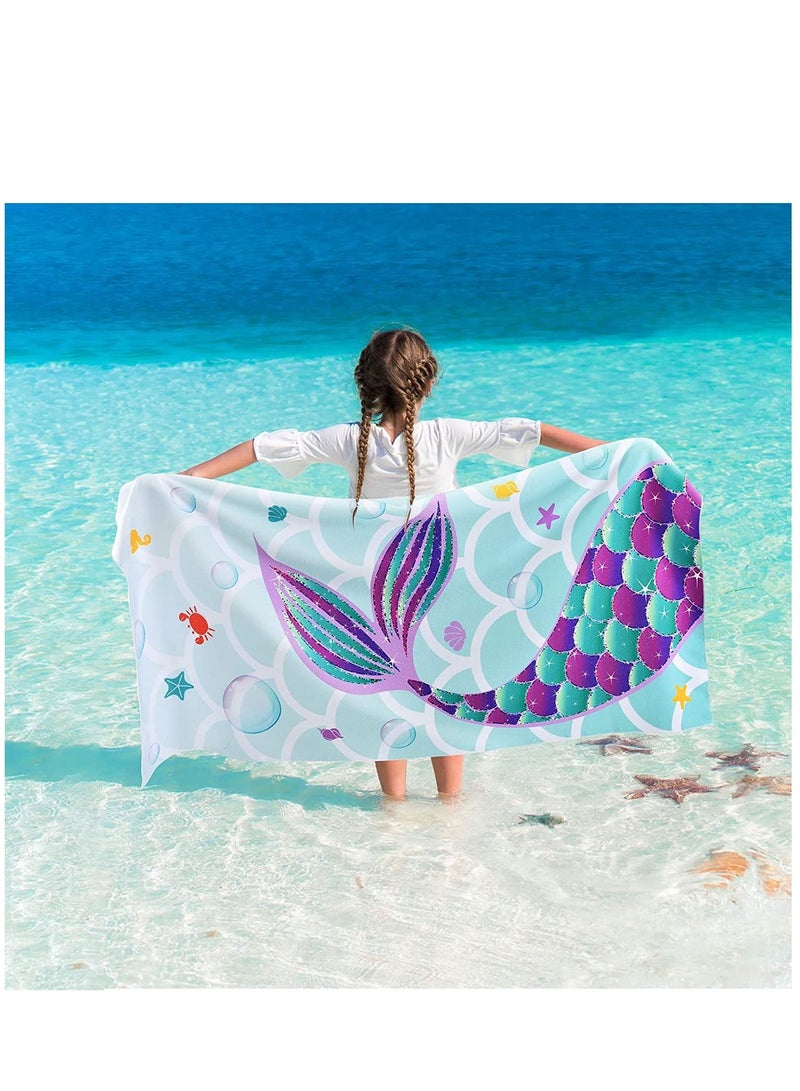 Kids Microfiber Beach Towel Large 150x70CM , Cute Mermaid Lightweight Sand Free Fast Quick Dry Travel Pool Blanket, Pefect for Children Gym Camping Yoga Outdoor Picnic