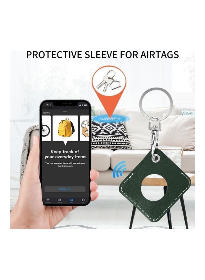 Square PU Leather Case Shockproof Anti-Scratch Protective Cover with Keychain Ring Loop For Apple AirTag Deep Green