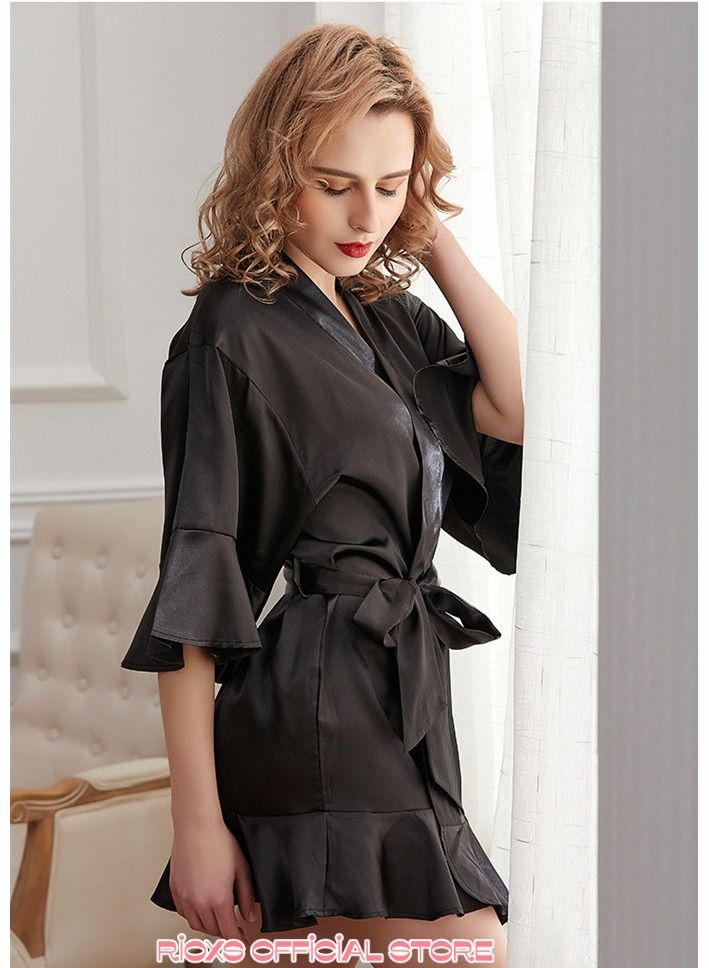 Women's Silk Robe Lightweight Kimono Bathrobe Short Robes Soft Bridesmaids Sleepwear Dress Loungewear With Belt