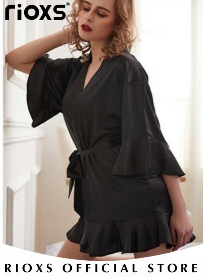 Women's Silk Robe Lightweight Kimono Bathrobe Short Robes Soft Bridesmaids Sleepwear Dress Loungewear With Belt