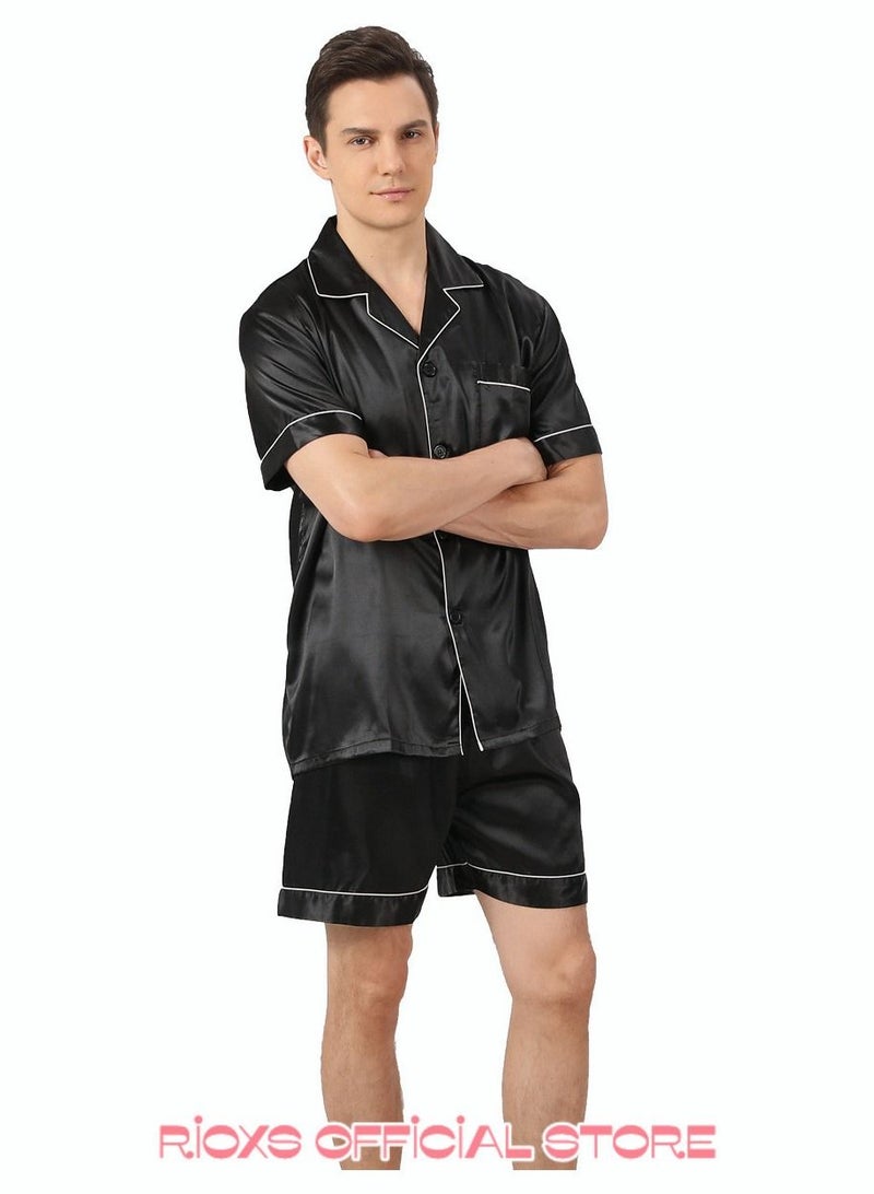 Men's 2 Pcs Satin Pajamas Set Silk Short Sleeve Top And Shorts Button Up Sleepwear Classic Loungewear Nightwear Pjs Set