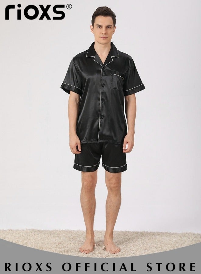 Men's 2 Pcs Satin Pajamas Set Silk Short Sleeve Top And Shorts Button Up Sleepwear Classic Loungewear Nightwear Pjs Set