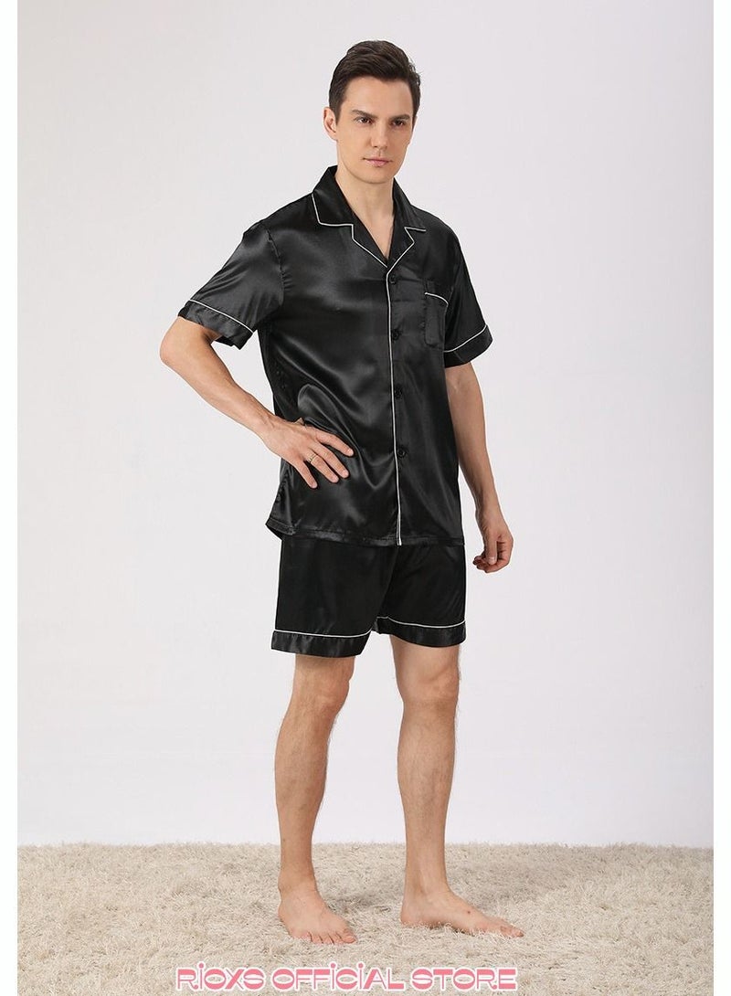 Men's 2 Pcs Satin Pajamas Set Silk Short Sleeve Top And Shorts Button Up Sleepwear Classic Loungewear Nightwear Pjs Set