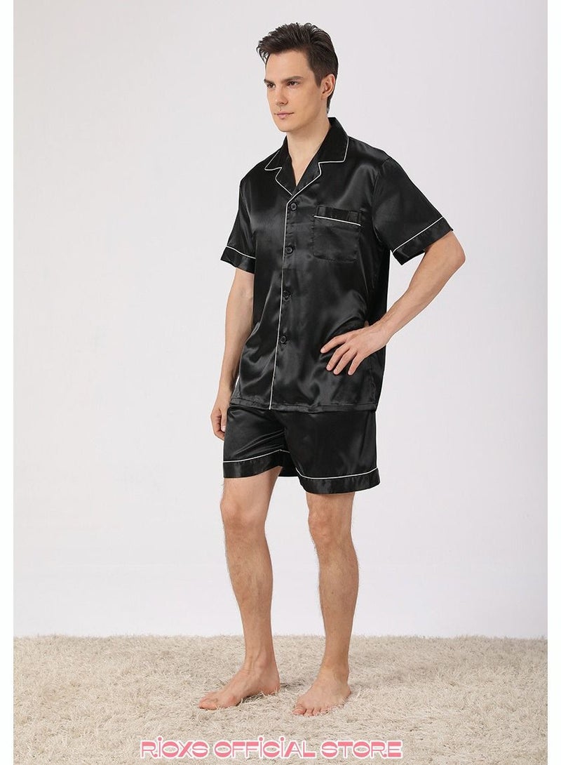 Men's 2 Pcs Satin Pajamas Set Silk Short Sleeve Top And Shorts Button Up Sleepwear Classic Loungewear Nightwear Pjs Set