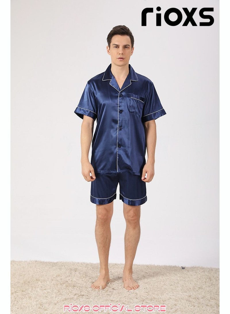Men's 2 Pcs Satin Pajamas Set Silk Short Sleeve Top And Shorts Button Up Sleepwear Classic Loungewear Nightwear Pjs Set