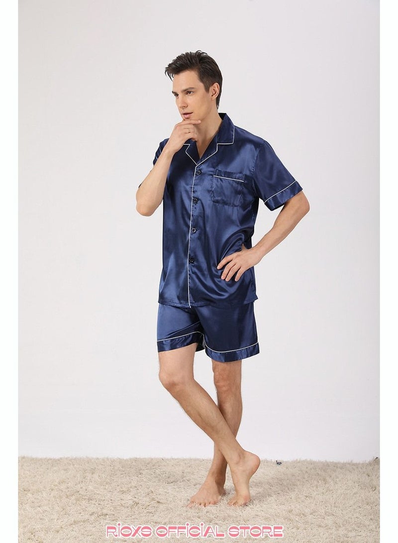 Men's 2 Pcs Satin Pajamas Set Silk Short Sleeve Top And Shorts Button Up Sleepwear Classic Loungewear Nightwear Pjs Set