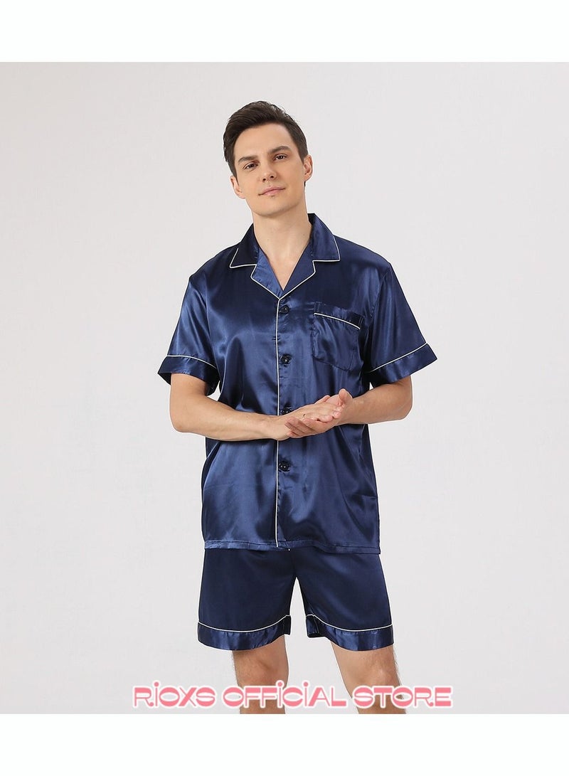 Men's 2 Pcs Satin Pajamas Set Silk Short Sleeve Top And Shorts Button Up Sleepwear Classic Loungewear Nightwear Pjs Set