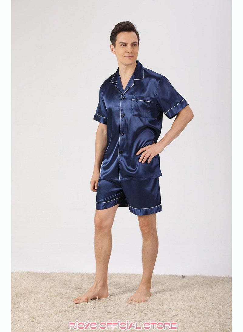 Men's 2 Pcs Satin Pajamas Set Silk Short Sleeve Top And Shorts Button Up Sleepwear Classic Loungewear Nightwear Pjs Set