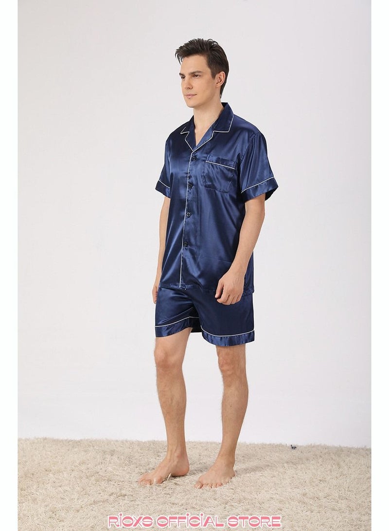 Men's 2 Pcs Satin Pajamas Set Silk Short Sleeve Top And Shorts Button Up Sleepwear Classic Loungewear Nightwear Pjs Set