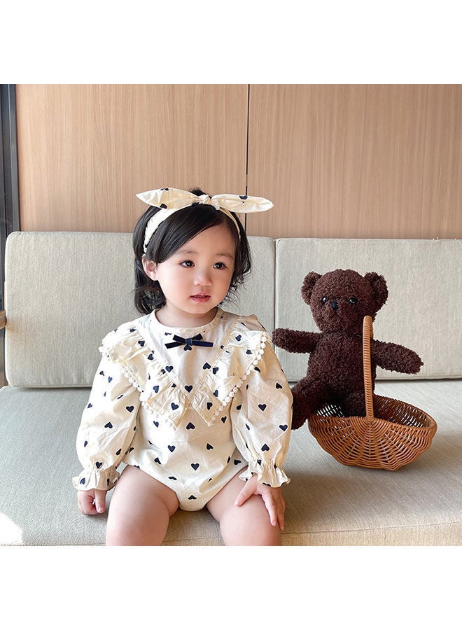 Baby One Piece Bodysuit Cute Heart-Shaped Printed One-Piece Suit With Ruffle Trim At The Chest, Button Closure Back, Snap Crotch For Easy On And Off
