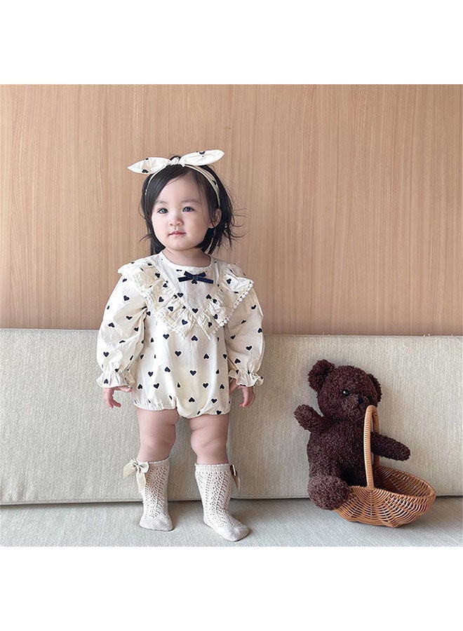Baby One Piece Bodysuit Cute Heart-Shaped Printed One-Piece Suit With Ruffle Trim At The Chest, Button Closure Back, Snap Crotch For Easy On And Off