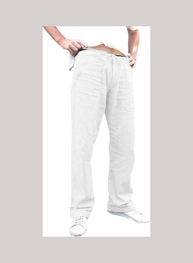 Men Solid Colour Multi-Pocket Loose Elastic Drawstring Straight Trousers Jog Pants Light Gray