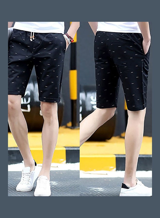 Men Casual Fishbone Print Drawstring Pockets Cotton Beach Shorts Fifth Pants Dark Blue