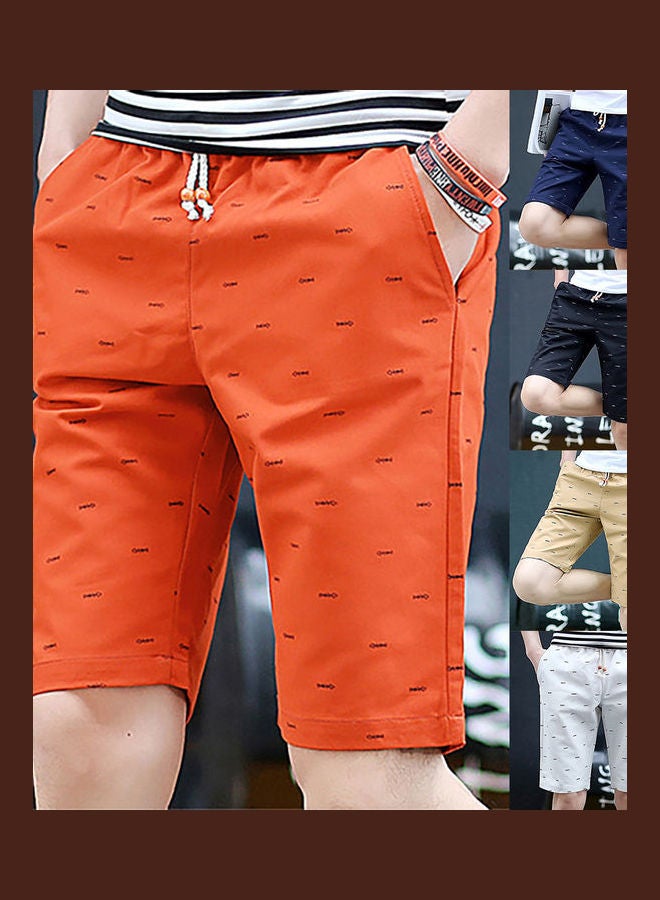 Men Casual Fishbone Print Drawstring Pockets Cotton Beach Shorts Fifth Pants Dark Blue