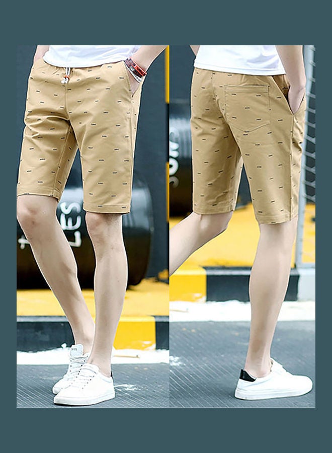 Men Casual Fishbone Print Drawstring Pockets Cotton Beach Shorts Fifth Pants Dark Blue