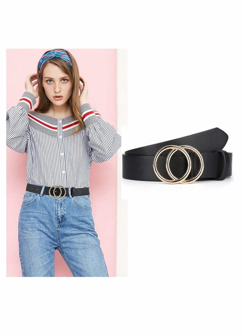 Women Belts for Jeans Dress with Fashion Double O Ring Buckle and Soft PU Faux Leather Belt(S,2 PCS)