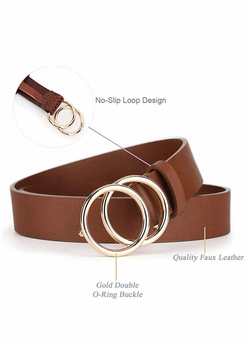 Women Belts for Jeans Dress with Fashion Double O Ring Buckle and Soft PU Faux Leather Belt(S,2 PCS)