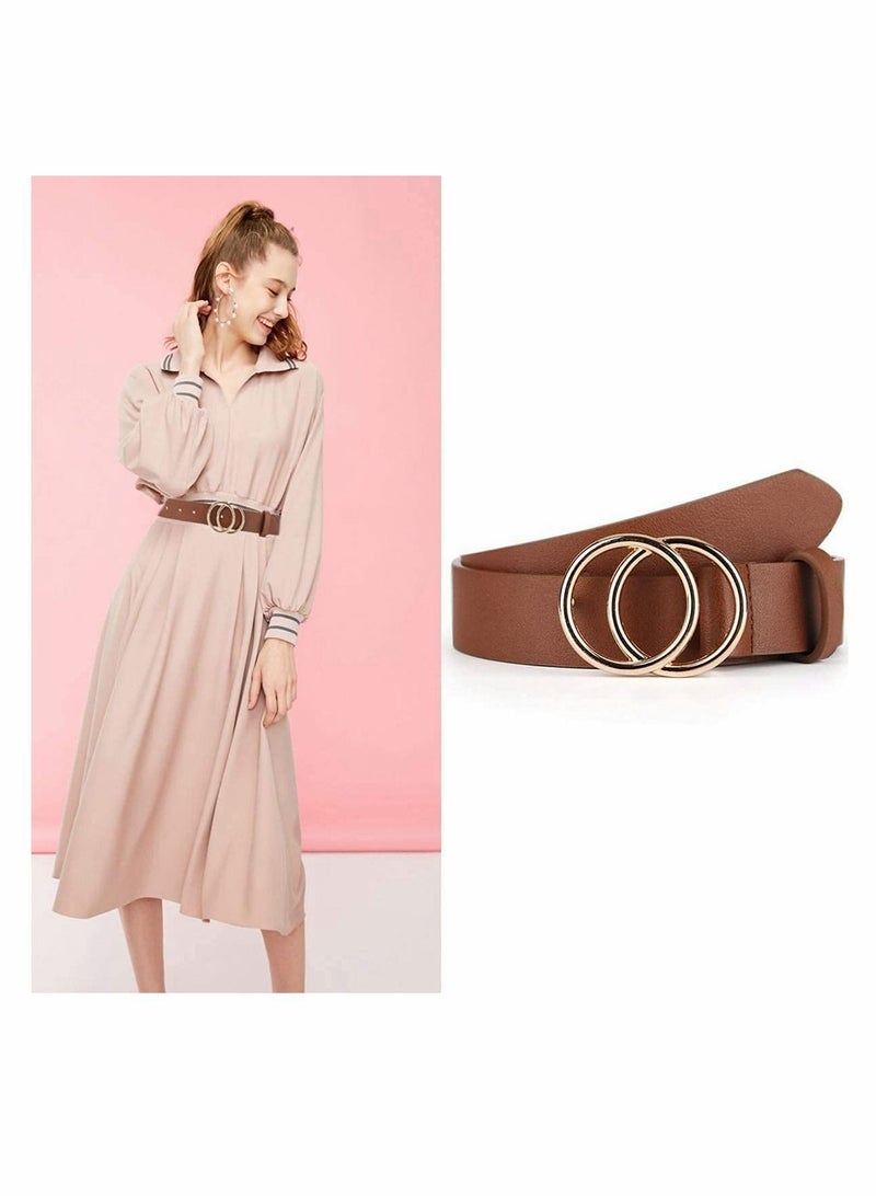 Women Belts for Jeans Dress with Fashion Double O Ring Buckle and Soft PU Faux Leather Belt(S,2 PCS)