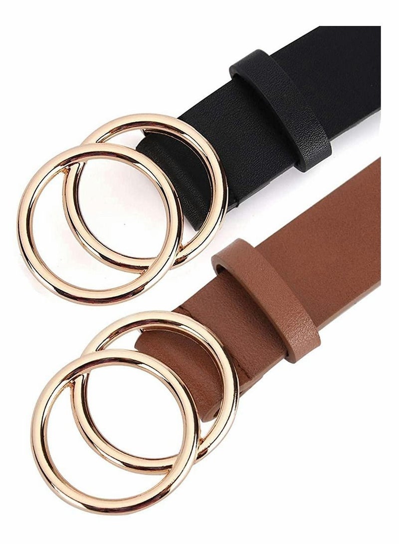 Women Belts for Jeans Dress with Fashion Double O Ring Buckle and Soft PU Faux Leather Belt(S,2 PCS)