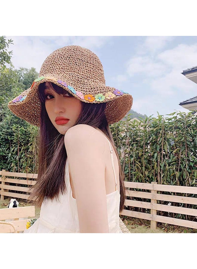 Women'S Fashion Sunshade Hat Lace Hollow Woven Big Brim Beach Ruffle Design Foldable Flower Fisherman