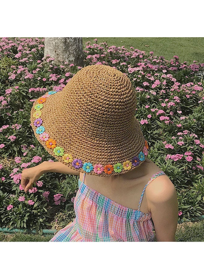 Women'S Fashion Sunshade Hat Lace Hollow Woven Big Brim Beach Ruffle Design Foldable Flower Fisherman