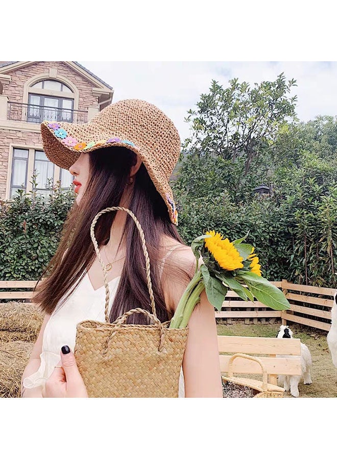 Women'S Fashion Sunshade Hat Lace Hollow Woven Big Brim Beach Ruffle Design Foldable Flower Fisherman