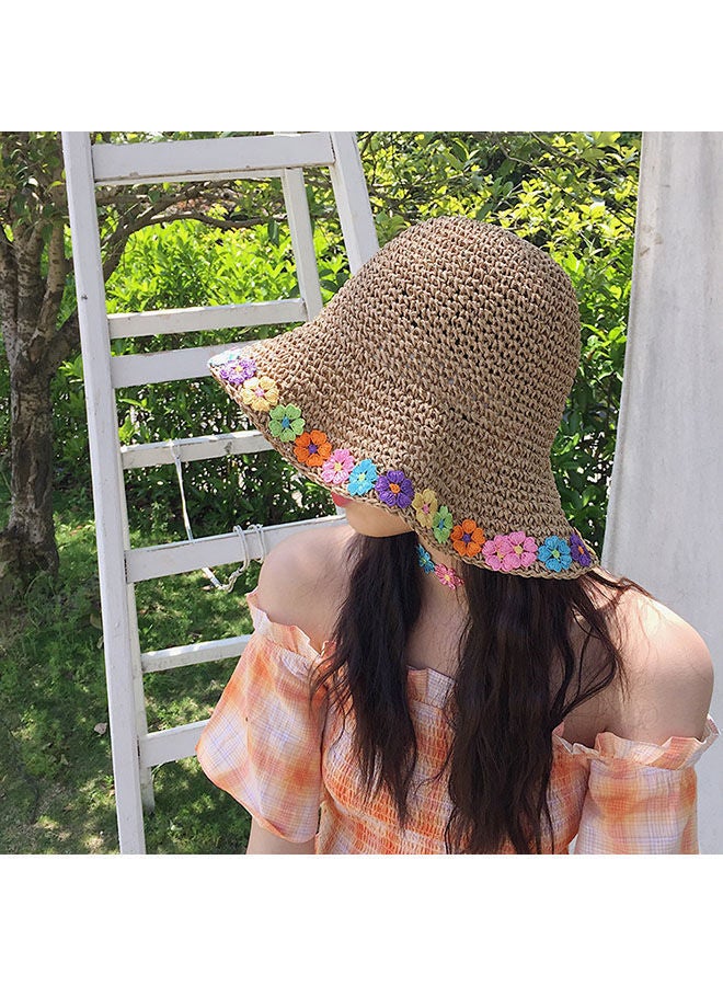 Women'S Fashion Sunshade Hat Lace Hollow Woven Big Brim Beach Ruffle Design Foldable Flower Fisherman