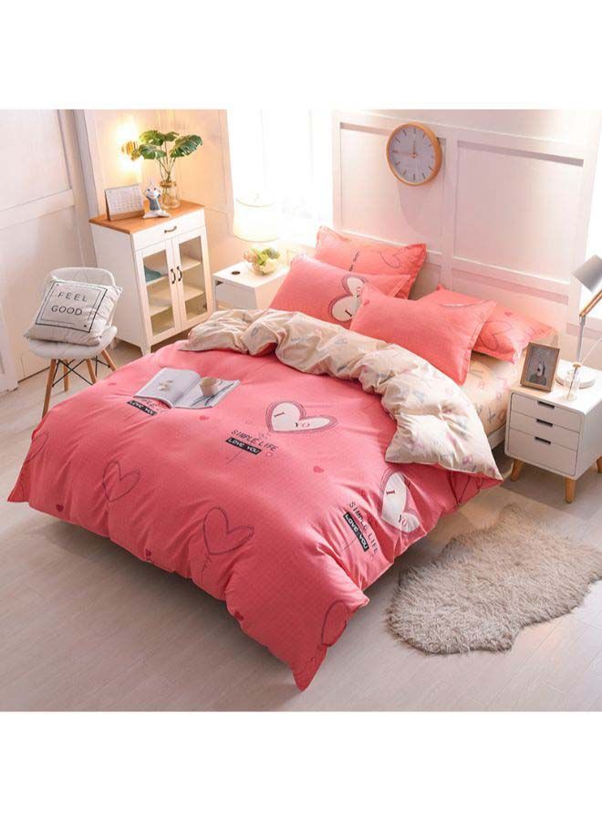 4-Piece European Style Heart Printed Duvet Cover Set Polyester Pink/Beige/White Single