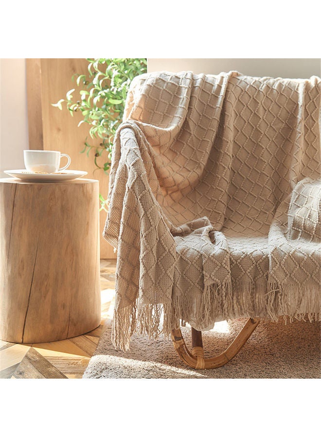 Tassel Design Soft Blanket Keep Warm Cotton Beige 127 x 172cm