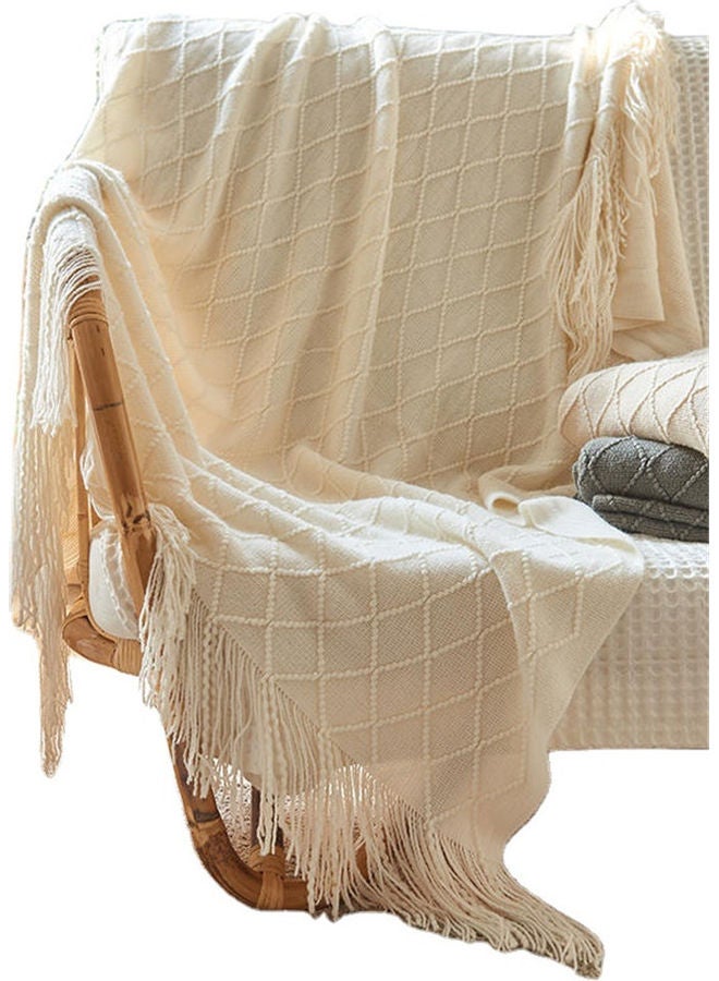 Tassel Design Soft Blanket Keep Warm Cotton White 127 x 172cm