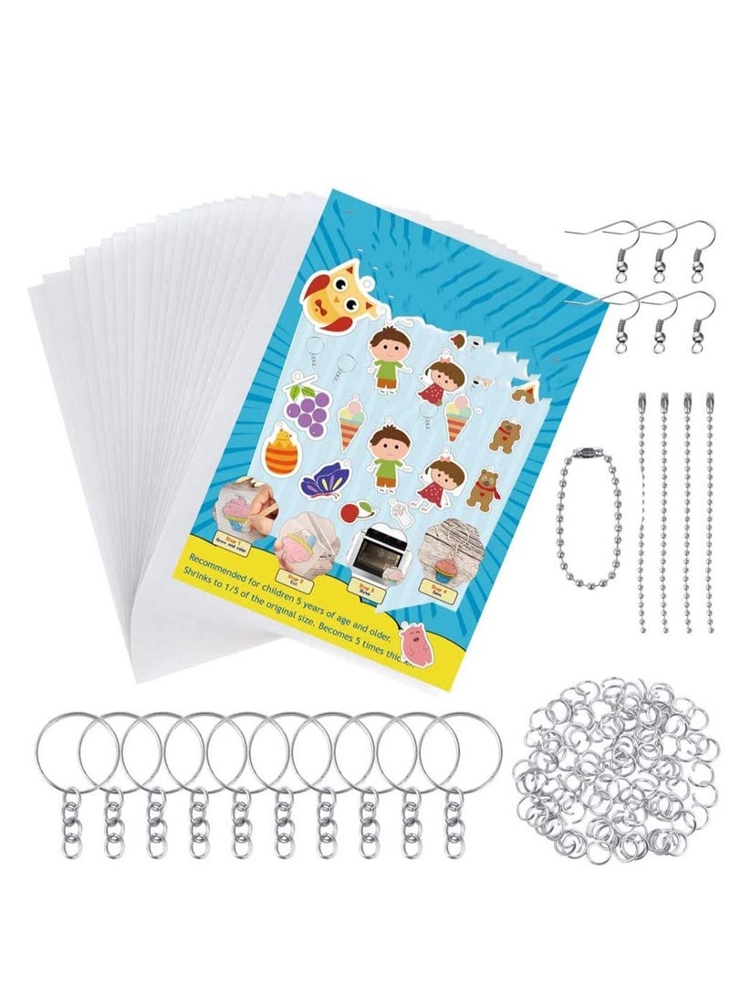 145 Pieces Heat Shrink Plastic Sheet Kit Include 20 PCS Shrinky Art Paper with 125 Keychains Accessories for Kids Creative Craft