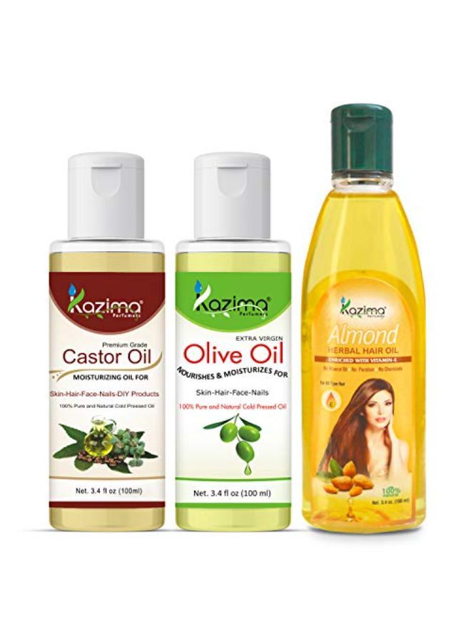 Combo Of Olive Oil, Castor Oil And Almond Herbal Hair Oil For Hair, Skin And Body, 100 Ml Each