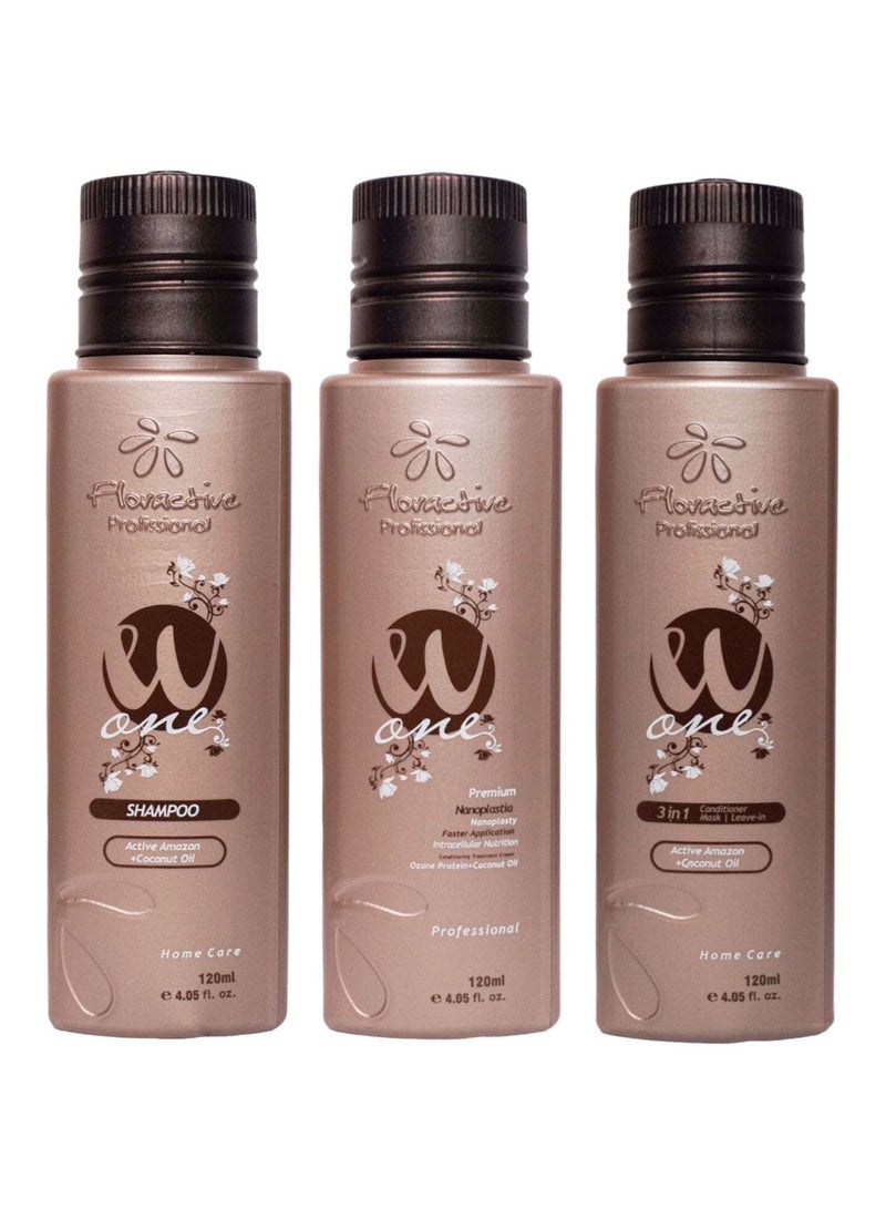 Floractive W One Nano Protein Hair Straightening Kit – 3-Step Smoothing System – 120ml x 3