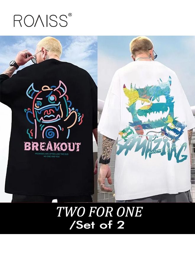 2Pcs Men's T-shirt Loose Version Trendy All-Match Pattern Printing Short Sleeves