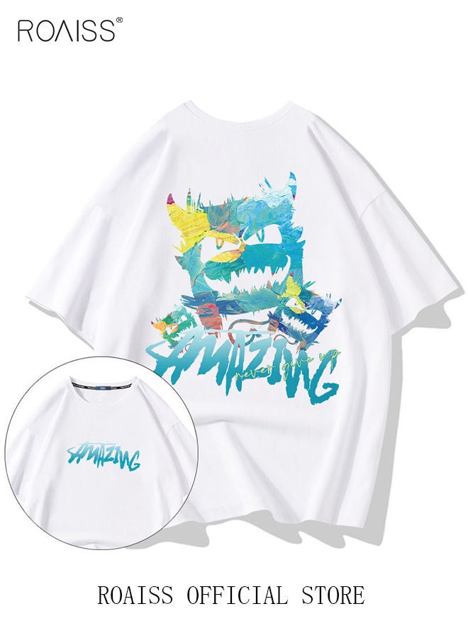 2Pcs Men's T-shirt Loose Version Trendy All-Match Pattern Printing Short Sleeves