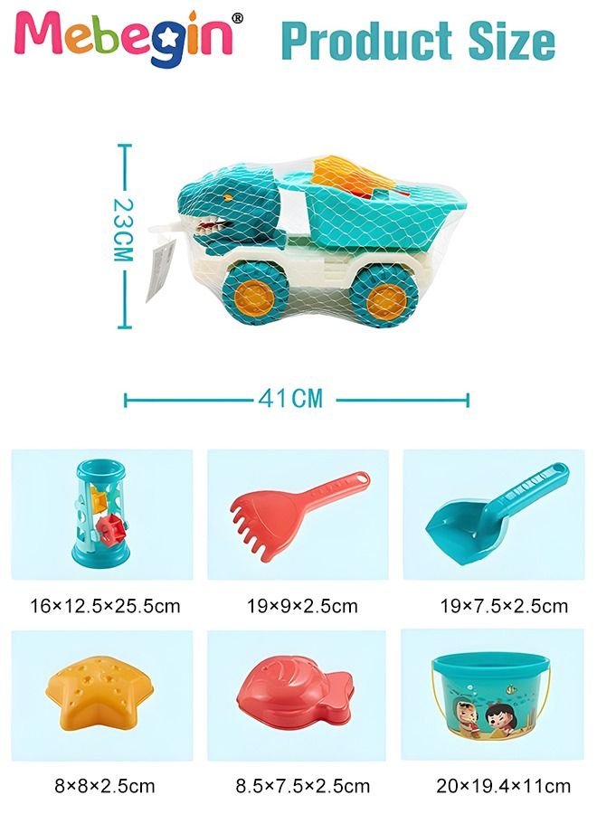 11 Pieces Beach Sand Toy Set with Dinosaur Car, Fun Sand Pit Toys with Bright Attractive Appearance and Numerous Accessories, Colorful Beach Travel Toys, Easy to Store and Carry, Perfect for Outdoor Activities