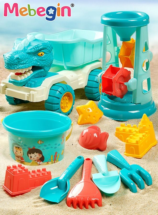 11 Pieces Beach Sand Toy Set with Dinosaur Car, Fun Sand Pit Toys with Bright Attractive Appearance and Numerous Accessories, Colorful Beach Travel Toys, Easy to Store and Carry, Perfect for Outdoor Activities