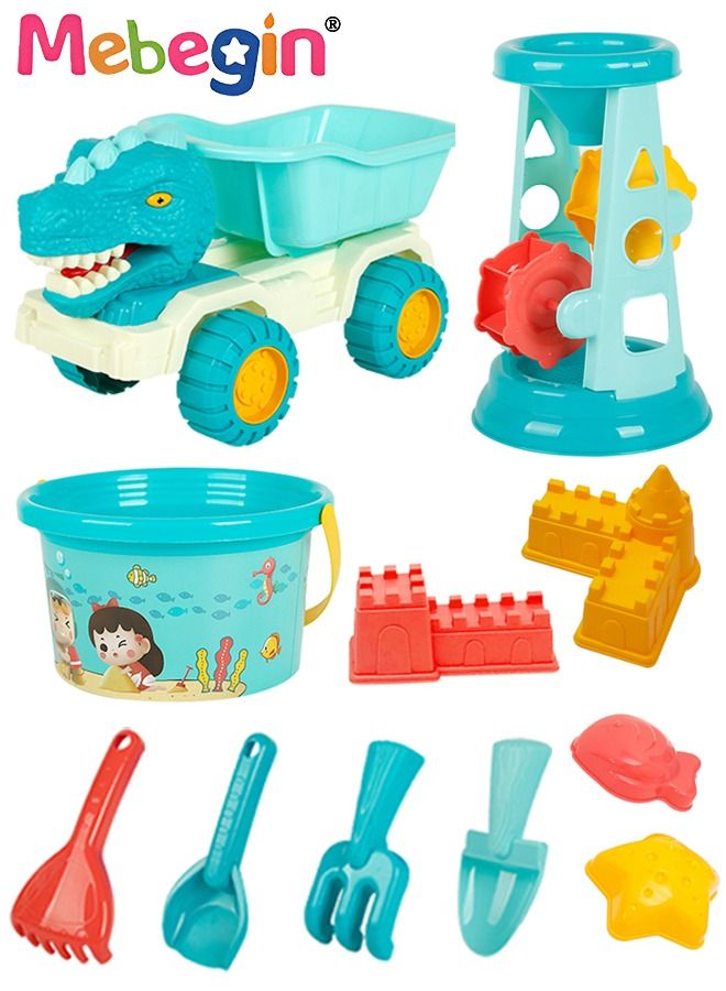 11 Pieces Beach Sand Toy Set with Dinosaur Car, Fun Sand Pit Toys with Bright Attractive Appearance and Numerous Accessories, Colorful Beach Travel Toys, Easy to Store and Carry, Perfect for Outdoor Activities