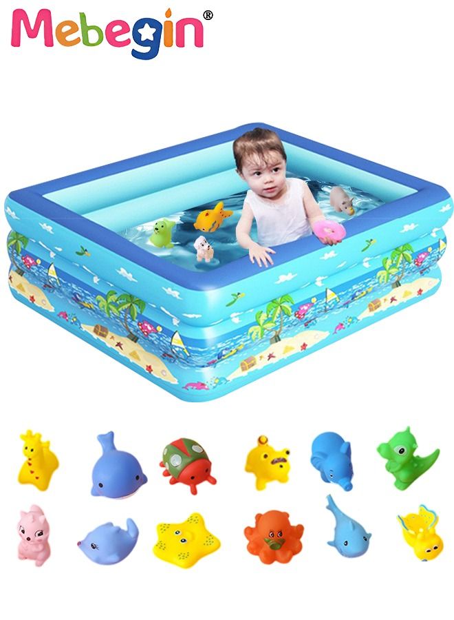 130*97*58cm Rectangle Shape Inflatable Swimming Pool with 15 Animal Figures, Thickened Paddling Pool with Inflatable Safety Bubble Bottom, Durable Multifunctional Blow up Pool, Family Lounge Pool, Ideal Choice for Indoor Entertainment and Outdoor Activities